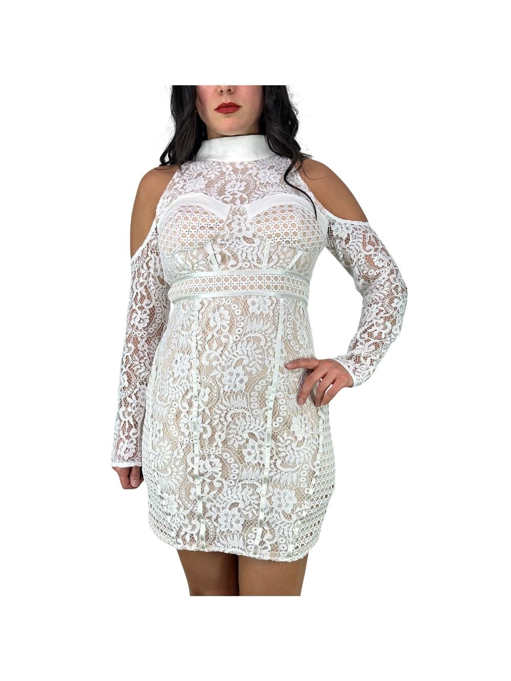 Blithe Lace Lined Cold Shoulder High Neck Form Fitting Dress